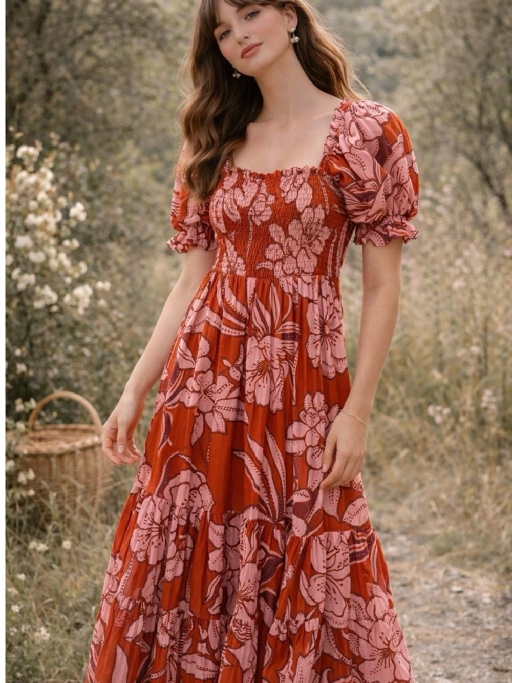Patrons Of Peace Maxi Dress SZ L Tropical Floral Smocked Puff Sleeve Tier